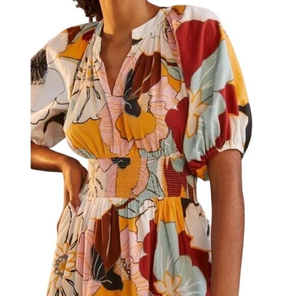 Anthropologie Conditions Apply Floral Puff Sleeve Smocked Midi Dress Size 8 - Picture 2 of 7